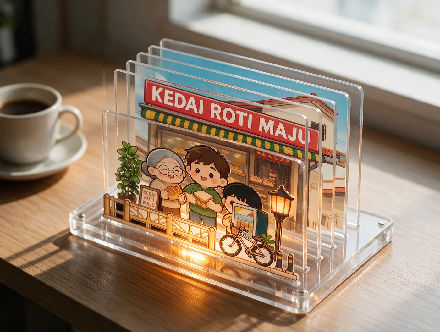 The finished acrylic puzzle on a desk, lit from the base